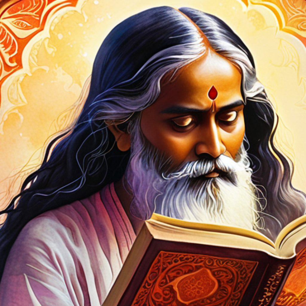 **Image:** A vibrant book cover illustration featuring Tagore's *Gitanjali*. Style: Watercolor, soft lighting, Bengali script subtly incorporated into the background. Mood: Mystical, serene.