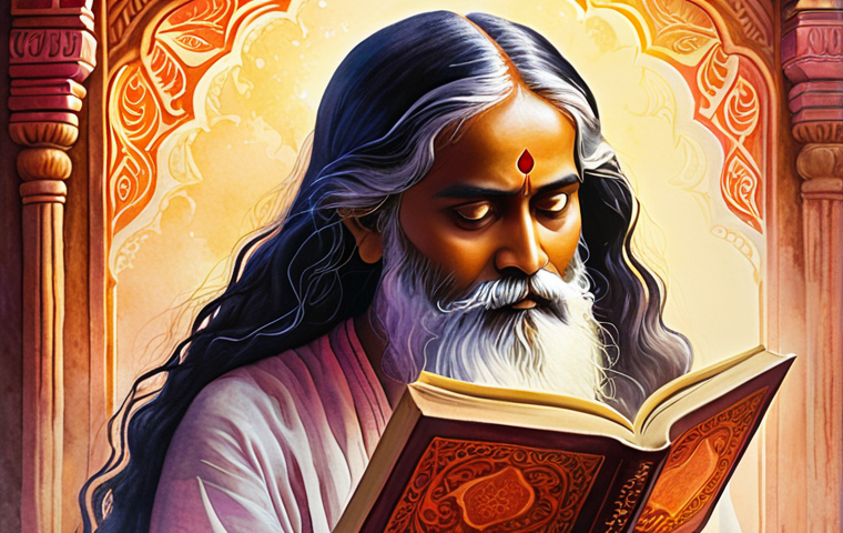 **Image:** A vibrant book cover illustration featuring Tagore's *Gitanjali*. Style: Watercolor, soft lighting, Bengali script subtly incorporated into the background. Mood: Mystical, serene.